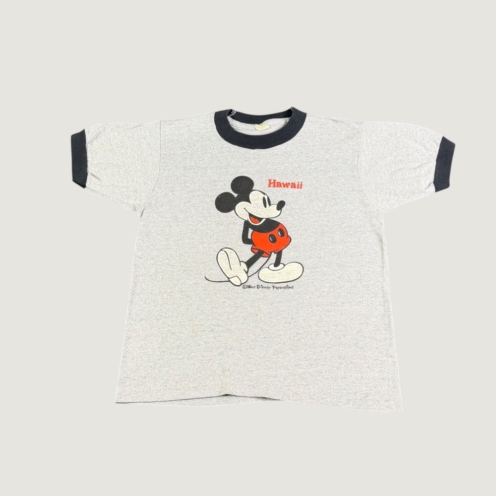 Vintage Mickey Mouse Hawaii Ringer T-Shirt Gray Walt Disney Productions Small